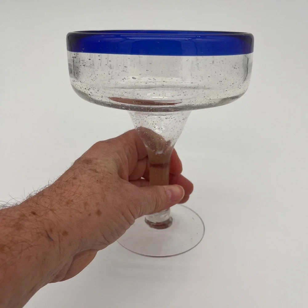 Hand Blown Mexican Margarita Glass Cobalt Blue Rim Seeded Glass Barware